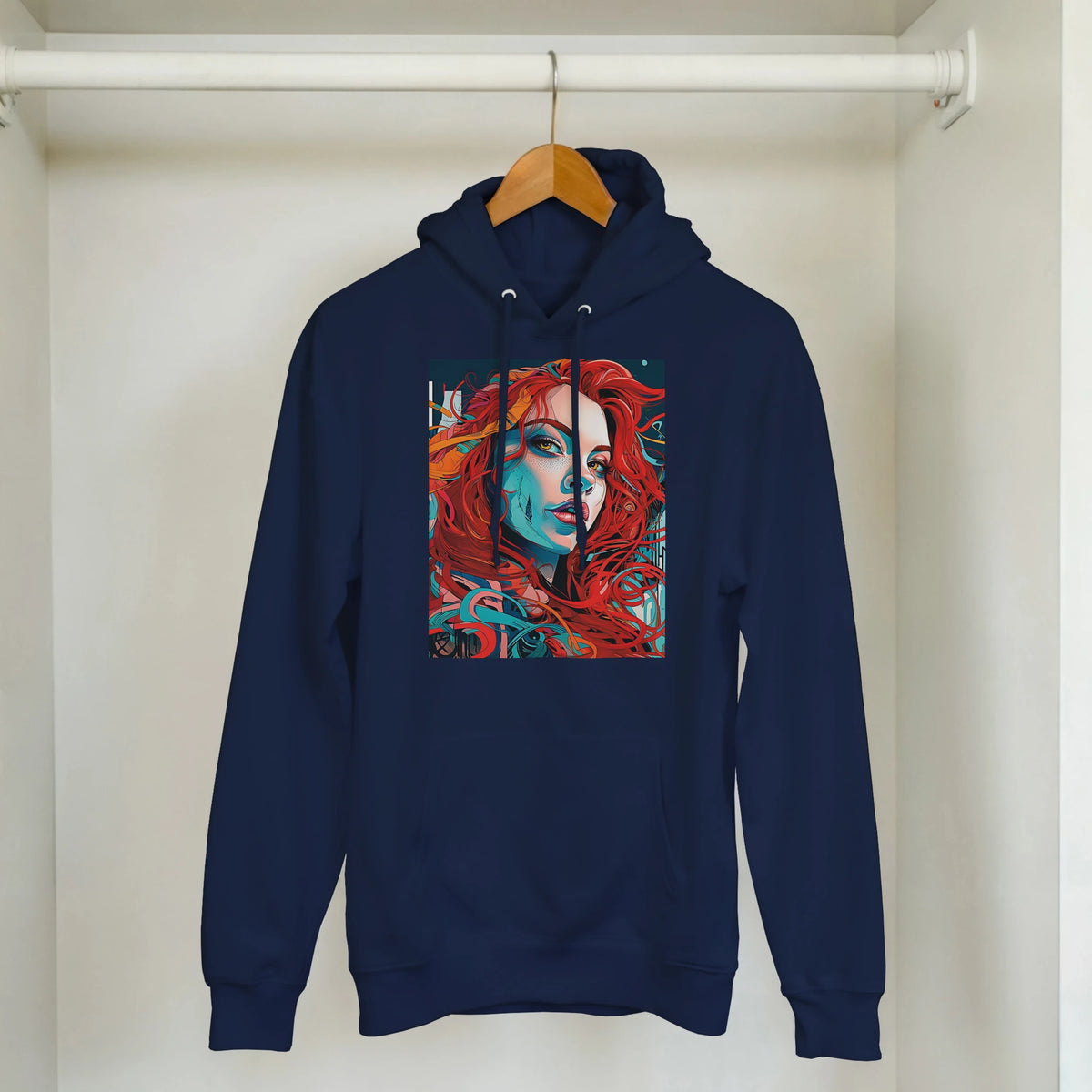 Navy blue pullover hoodie featuring a vibrant urban pop art graphic of a redheaded woman with bold colors and stylized shading.