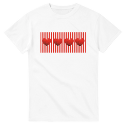 White women's T-shirt featuring a red striped panel with five red hearts.