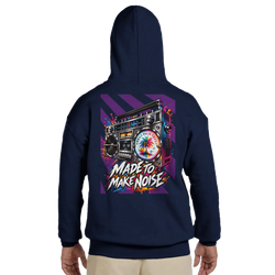 Navy hoodie back print featuring a colorful retro boombox graphic with "Made to Make Noise" text and palm tree design.