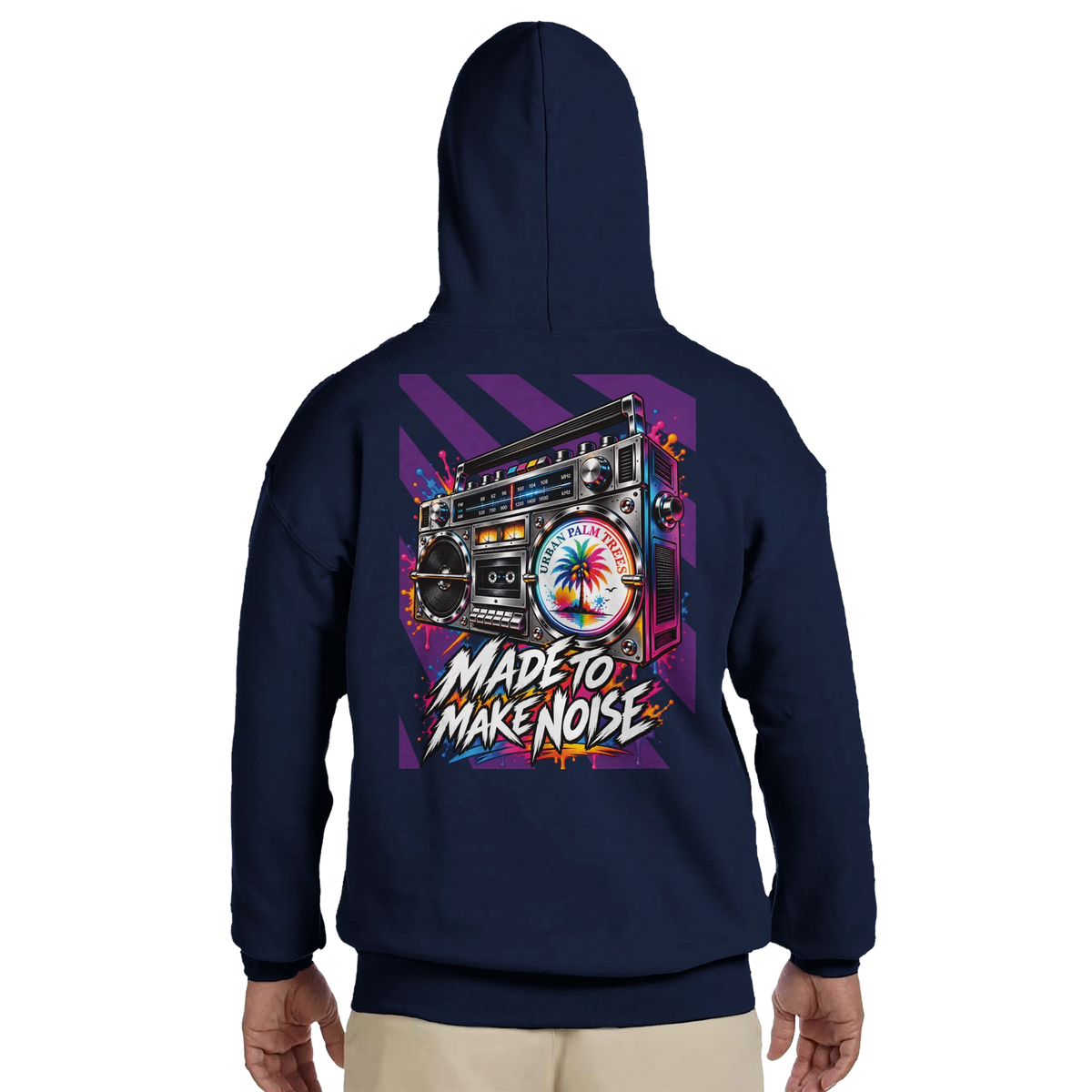 Navy hoodie back print featuring a colorful retro boombox graphic with "Made to Make Noise" text and palm tree design.