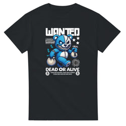 Black cotton T-shirt with a blue teddy bear graphic, money bags, and “WANTED DEAD OR ALIVE” text.