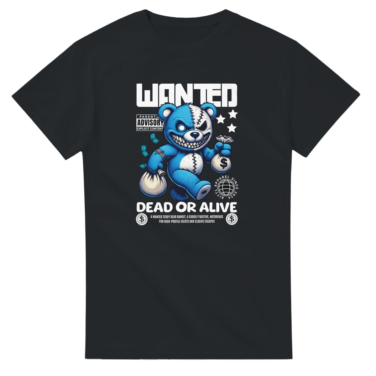 Black cotton T-shirt with a blue teddy bear graphic, money bags, and “WANTED DEAD OR ALIVE” text.