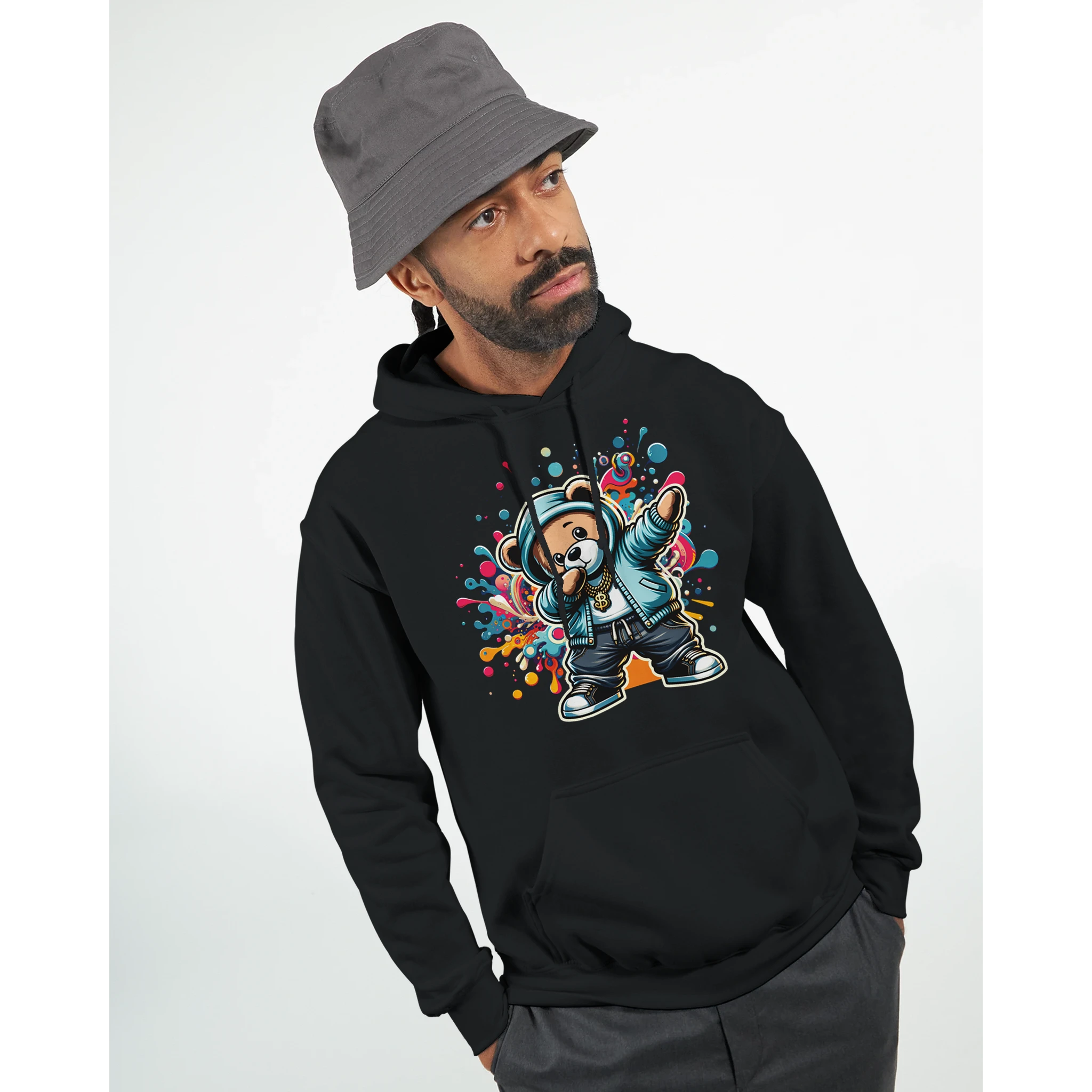 Black men's Dab Teddy Bear Hoodie with colorful teddy bear graphic on front; 50/50 cotton-poly blend.