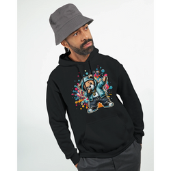 Black men's Dab Teddy Bear Hoodie with colorful teddy bear graphic on front; 50/50 cotton-poly blend.