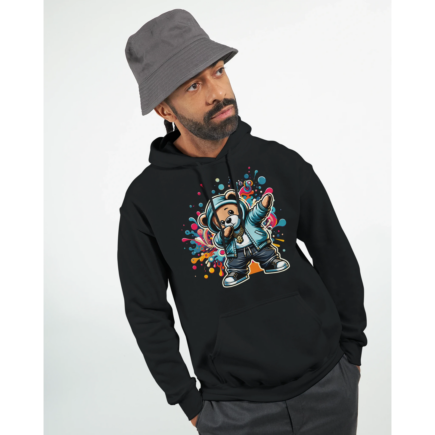 Man wearing a black men's teddy bear hoodie with a colorful bear graphic design on a white background. 6