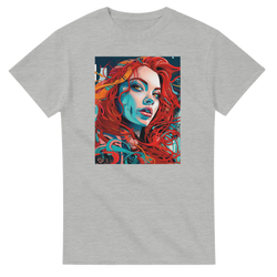 Grey men's t-shirt featuring a bold artistic portrait graphic of a woman with vibrant red hair and blue shading in a streetwear style.