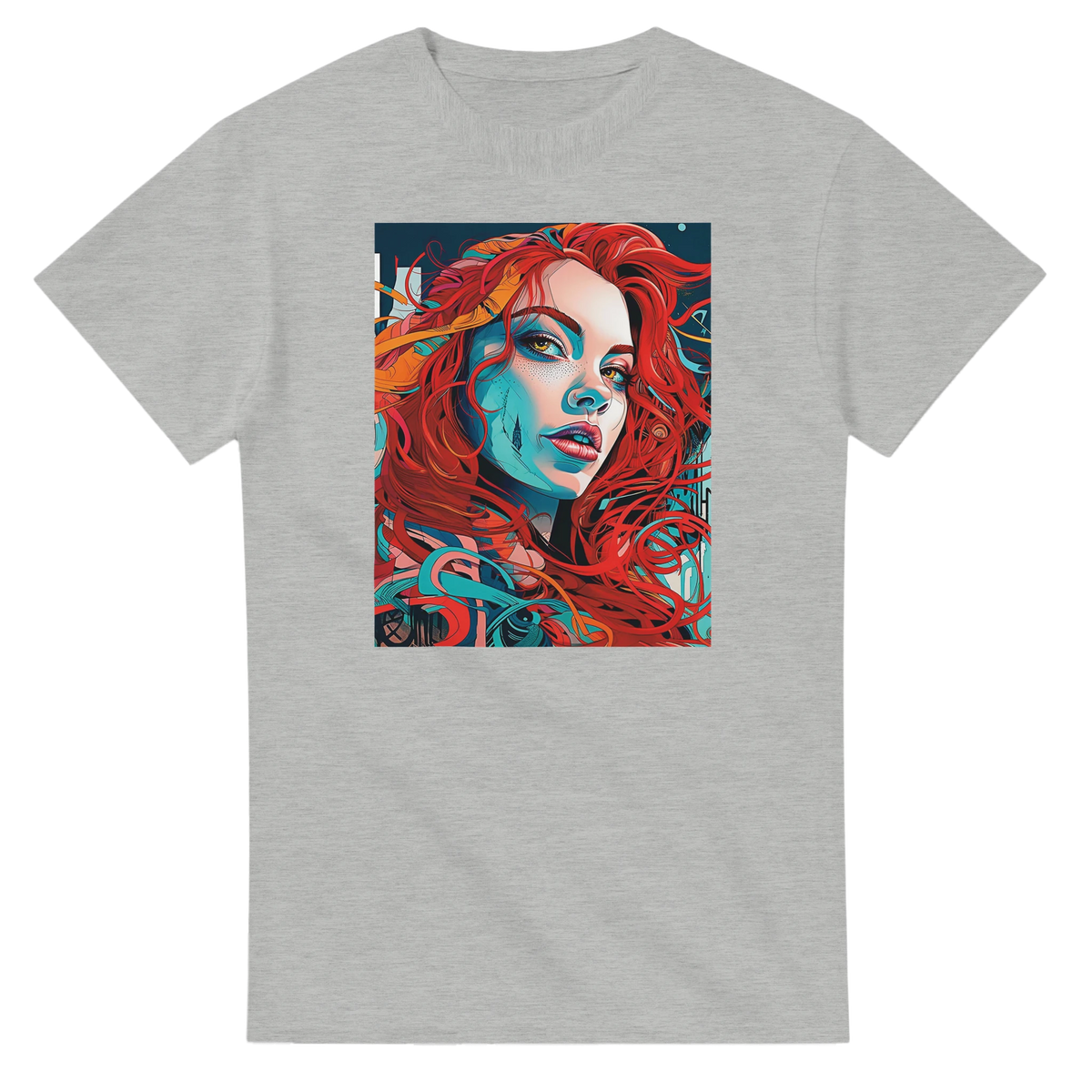 Grey men's t-shirt featuring a bold artistic portrait graphic of a woman with vibrant red hair and blue shading in a streetwear style.