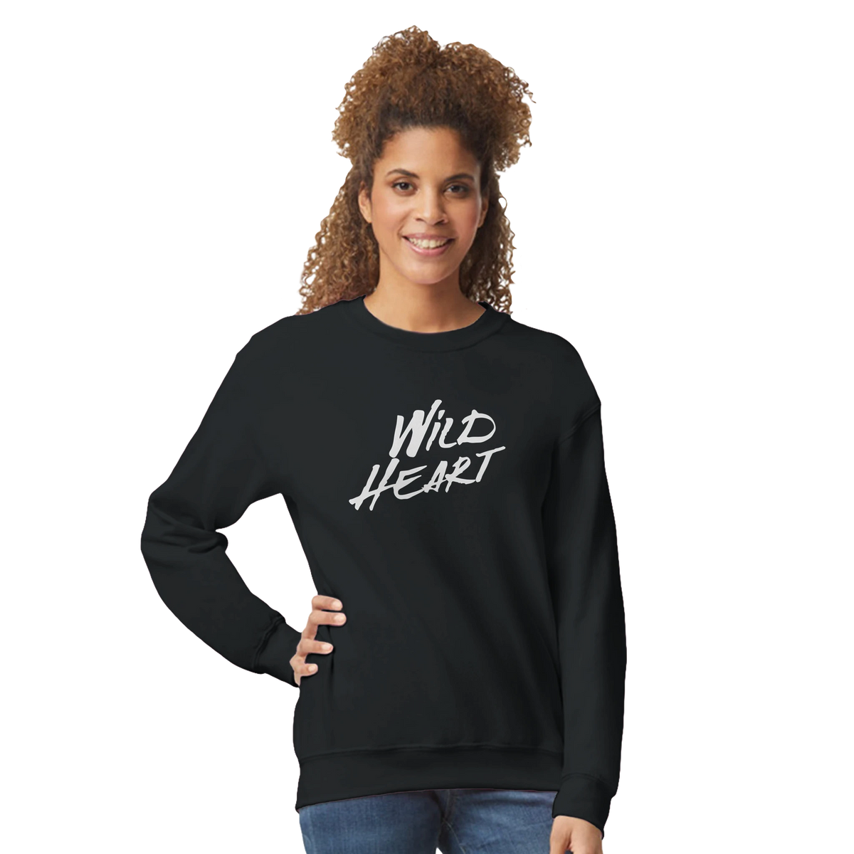 Model wearing Cute Wild Heart sweatshirt, a cozy slogan top for women, casual streetwear look.