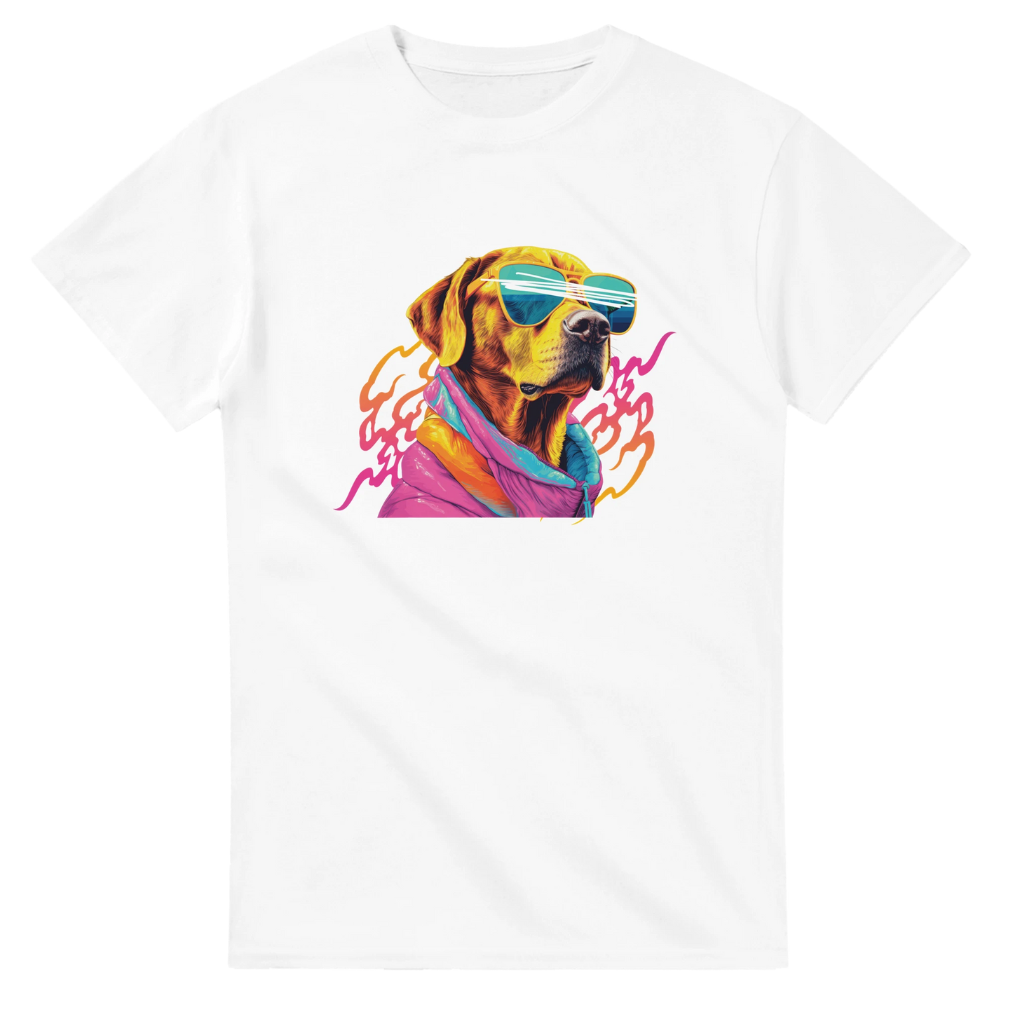 White cotton-blend women's graphic tee featuring a colorful dog wearing sunglasses and a scarf.