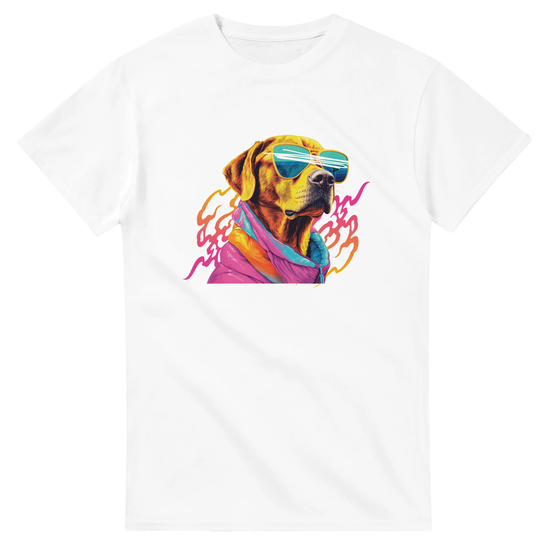 White cotton-blend women's graphic tee featuring a colorful dog wearing sunglasses and a scarf.