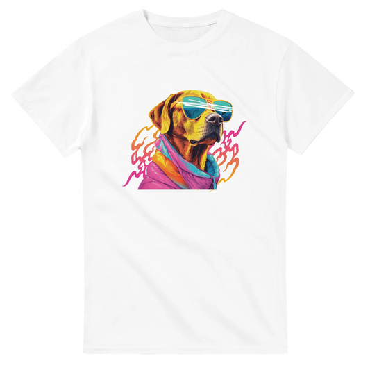 White cotton-blend women's graphic tee featuring a colorful dog wearing sunglasses and a scarf.