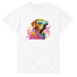 White cotton-blend women's graphic tee featuring a colorful dog wearing sunglasses and a scarf.