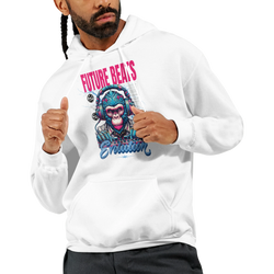 Monkey DJ graphic hoodie in white, bold monkey with headphones, 50/50 cotton-poly blend, sizes S-XL