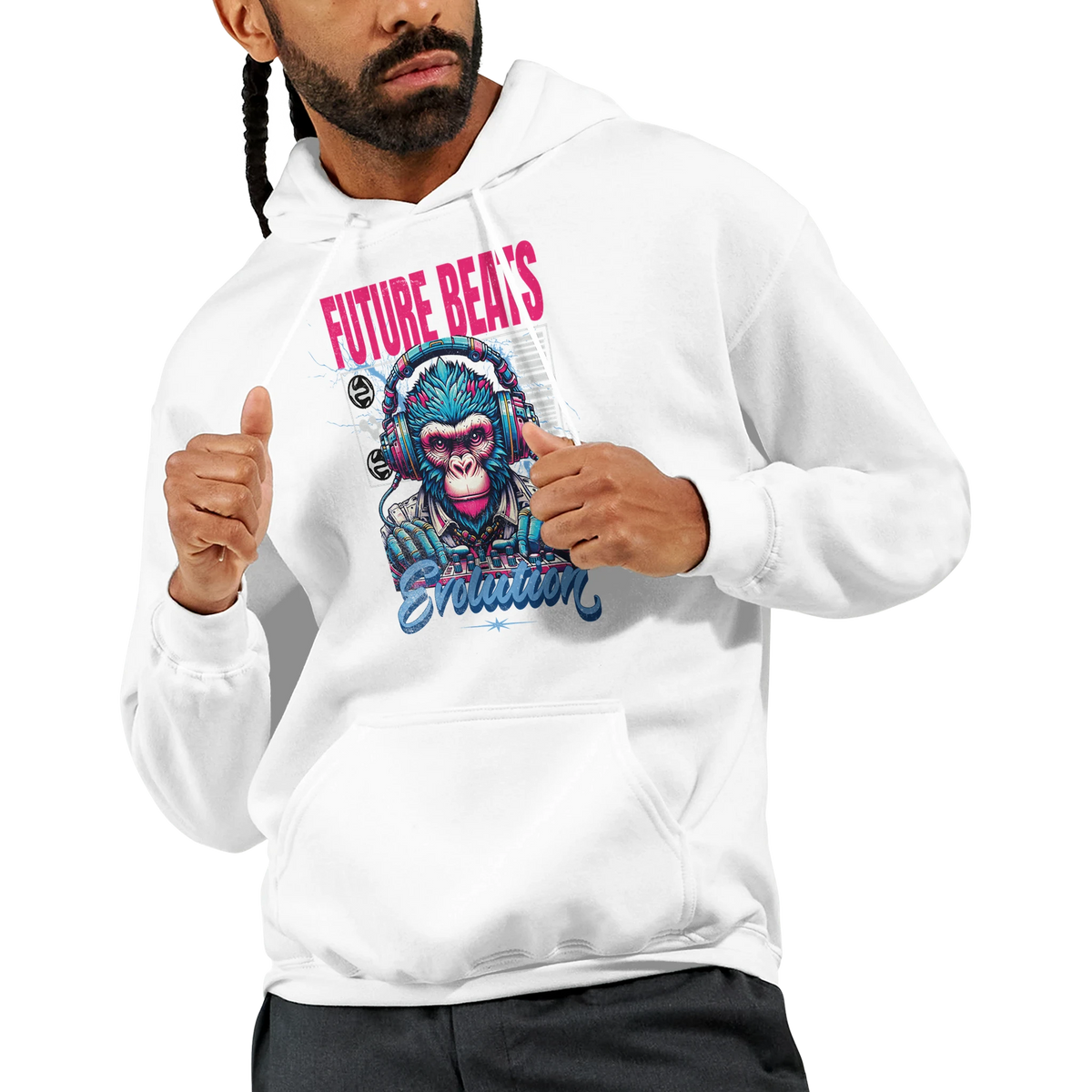Monkey DJ graphic hoodie in white, bold monkey with headphones, 50/50 cotton-poly blend, sizes S-XL