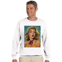 Retro pop art woman sweatshirt for men in vintage comic-style graphic jumper, a bold streetwear piece.