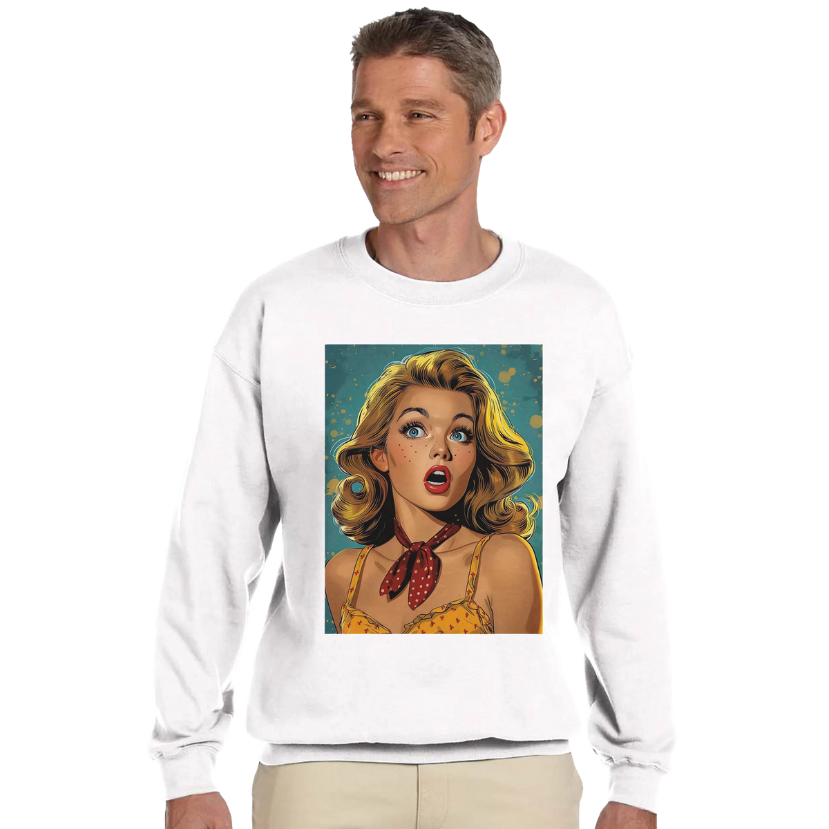 Retro pop art woman sweatshirt for men in vintage comic-style graphic jumper, a bold streetwear piece.