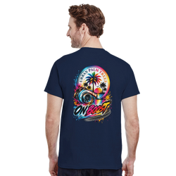 Navy t-shirt back featuring colorful On Boost turbo graphic with palm trees and retro sunset for modified car culture.