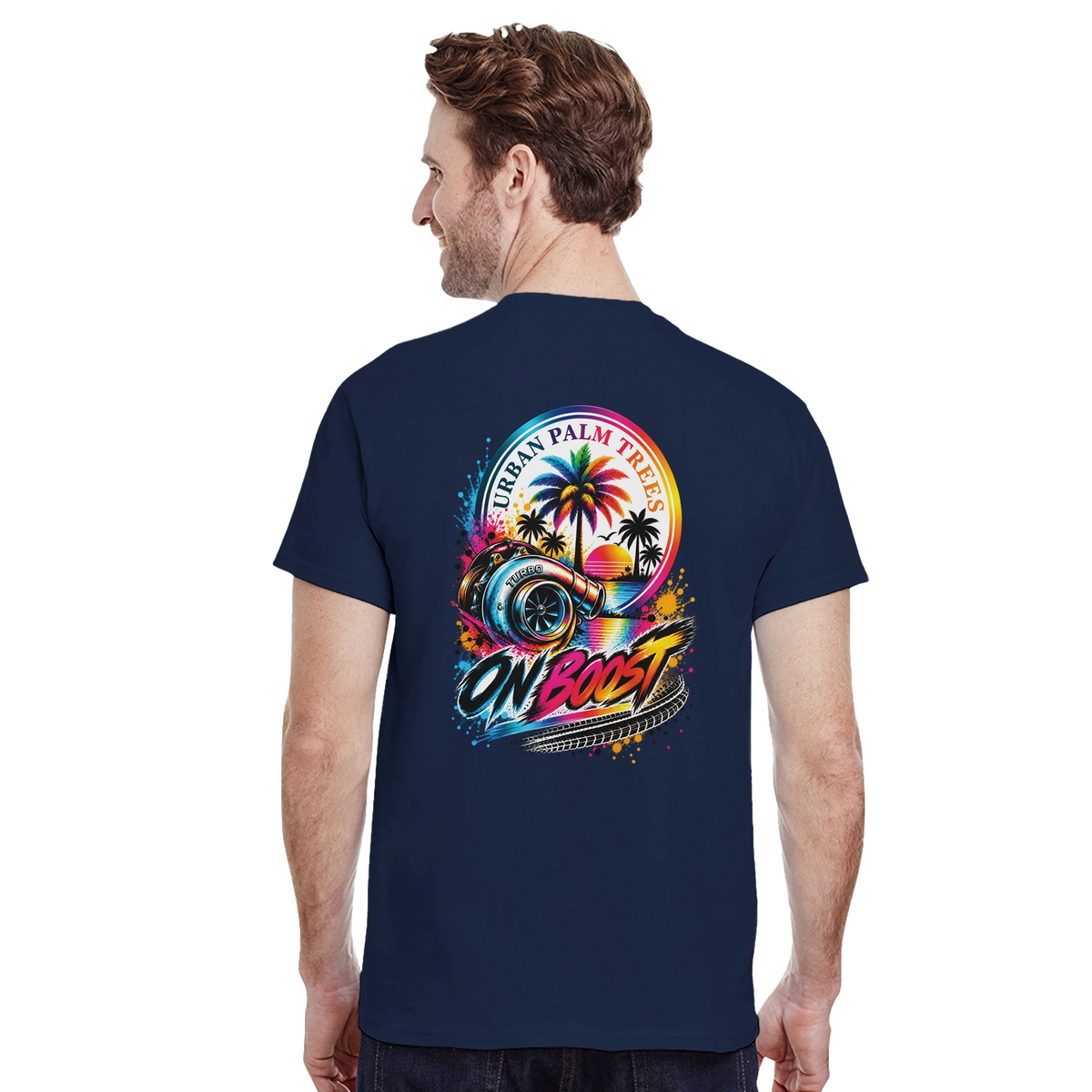 Navy t-shirt back featuring colorful On Boost turbo graphic with palm trees and retro sunset for modified car culture.
