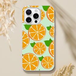 Cute orange fruit iPhone case with citrus slice pattern on mint background; matte frosty transparent finish.