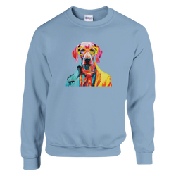 Gent Dog Jumper: women's graphic sweatshirt, light blue, soft cotton blend, multicolor dog with yellow glasses.