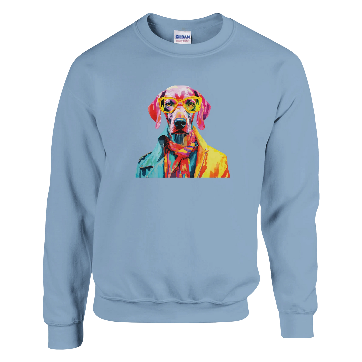 Gent Dog Jumper: women's graphic sweatshirt, light blue, soft cotton blend, multicolor dog with yellow glasses.