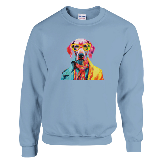 Gent Dog Jumper: women's graphic sweatshirt, light blue, soft cotton blend, multicolor dog with yellow glasses.