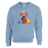 Gent Dog Jumper: women's graphic sweatshirt, light blue, soft cotton blend, multicolor dog with yellow glasses.