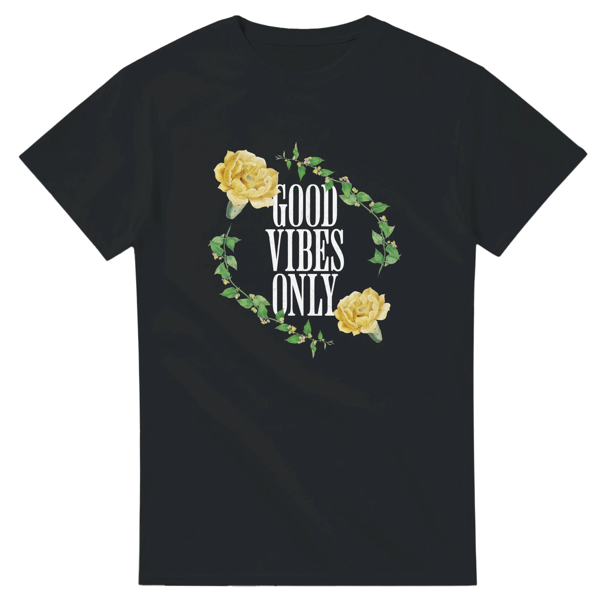 Women's Good Vibes Only graphic tee with yellow roses and vine on a dark charcoal cotton blend