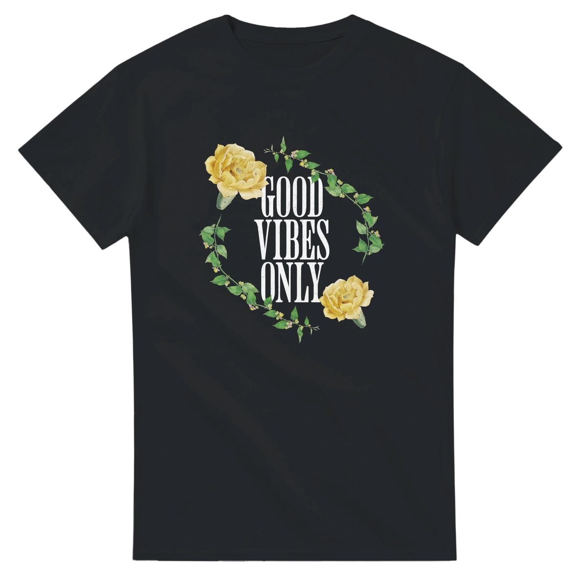 Women's Good Vibes Only graphic tee with yellow roses and vine on a dark charcoal cotton blend