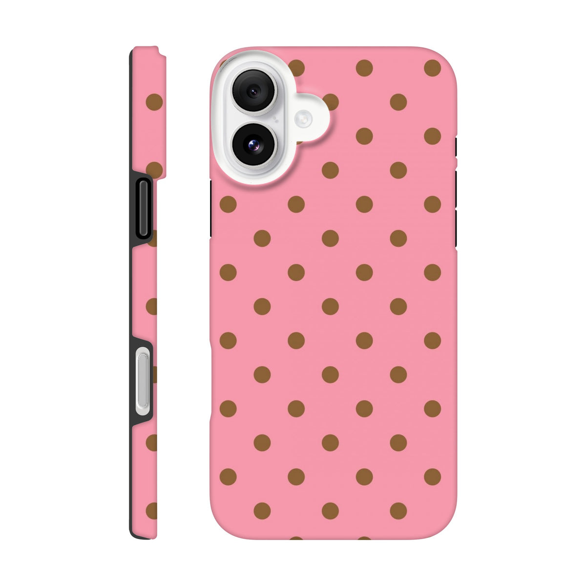 Pink & brown polka dot tough iPhone case featuring a cute design with shock-absorbing TPU protection and a glossy finish.