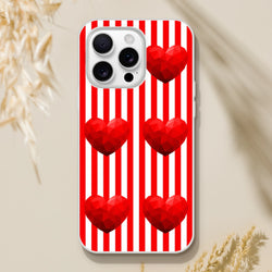 Red-striped iPhone case with geometric hearts for iPhone 13-16, bold romantic aesthetic.