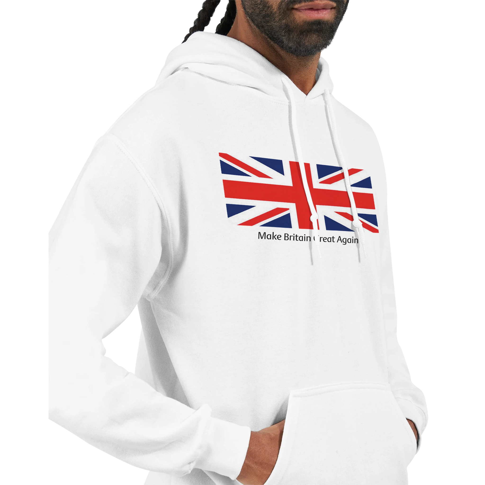 Men's Union Jack hoodie in a 50/50 cotton-poly blend, white with bold Union Jack graphic, sizes S to XL.