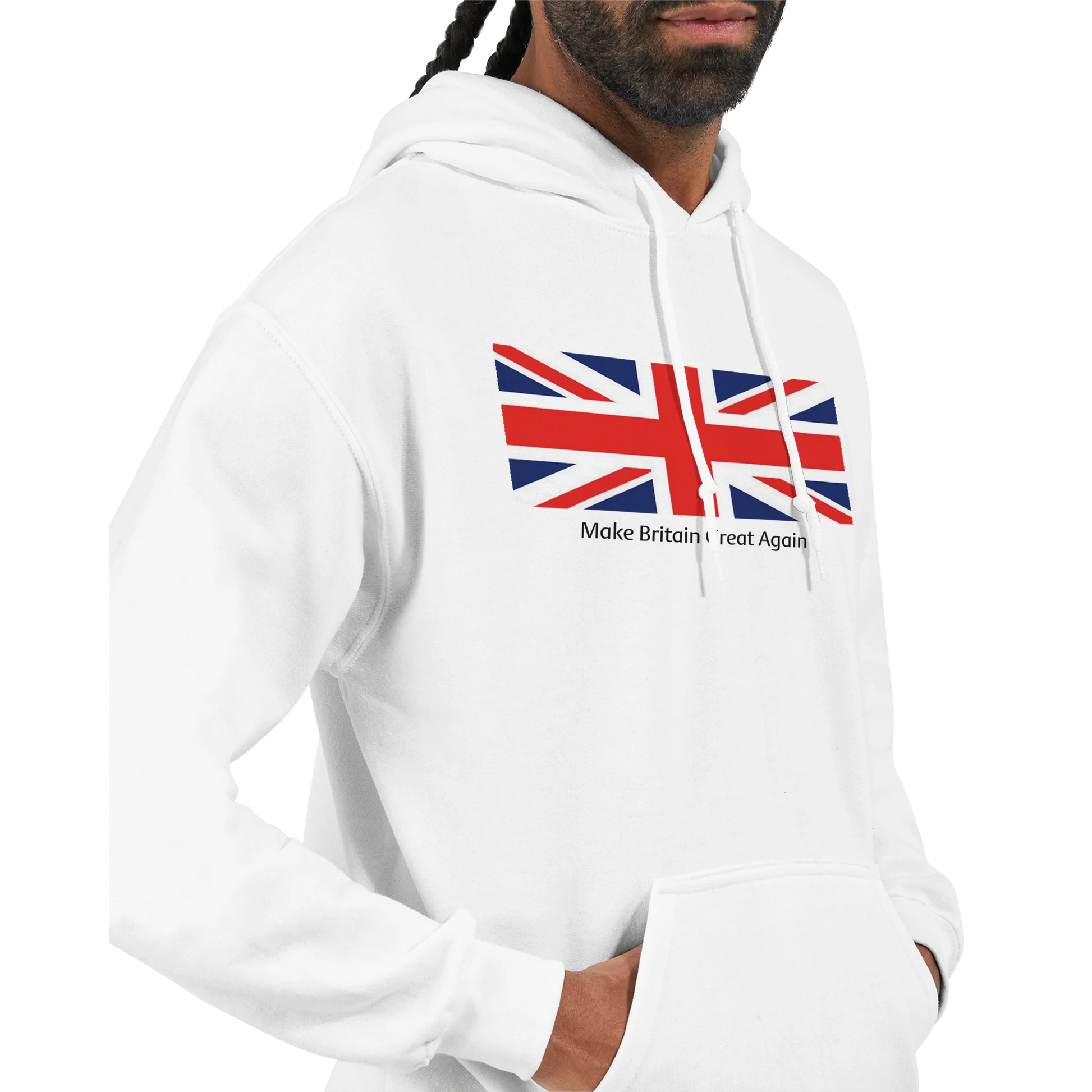White men's union jack hoodie with text on a white background. 4