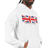 Men's Union Jack hoodie in a 50/50 cotton-poly blend, white with bold Union Jack graphic, sizes S to XL.