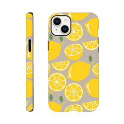 Cute yellow lemon tough iPhone case featuring a bold citrus pattern on a grey background, designed for drop guard protection and street-ready style.