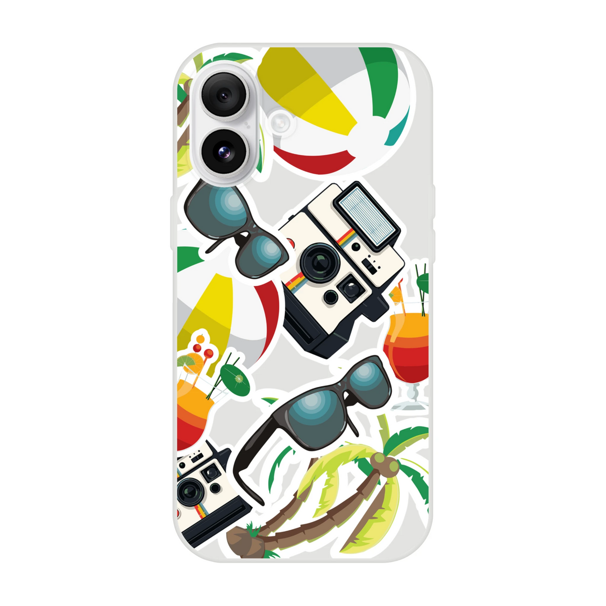Transparent iPhone case featuring summer sticker graphics of palm trees, vintage cameras, sunglasses, and beach balls.