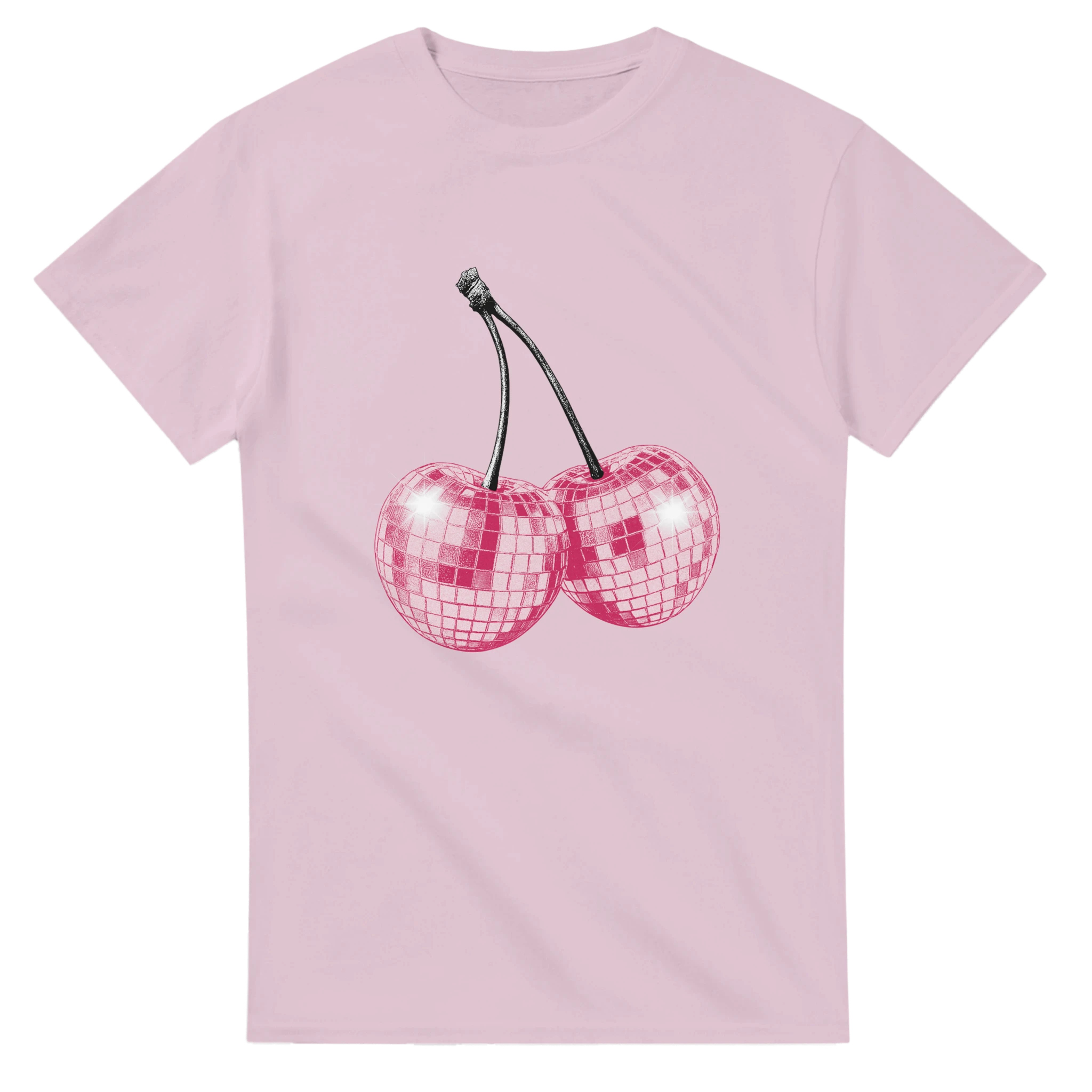 Glitter Ball Cherries women's graphic tee with pink disco-ball cherries on soft cotton blend fabric.