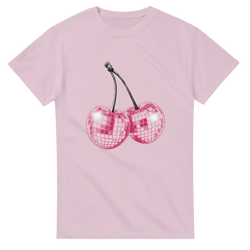 Glitter Ball Cherries women's graphic tee with pink disco-ball cherries on soft cotton blend fabric.