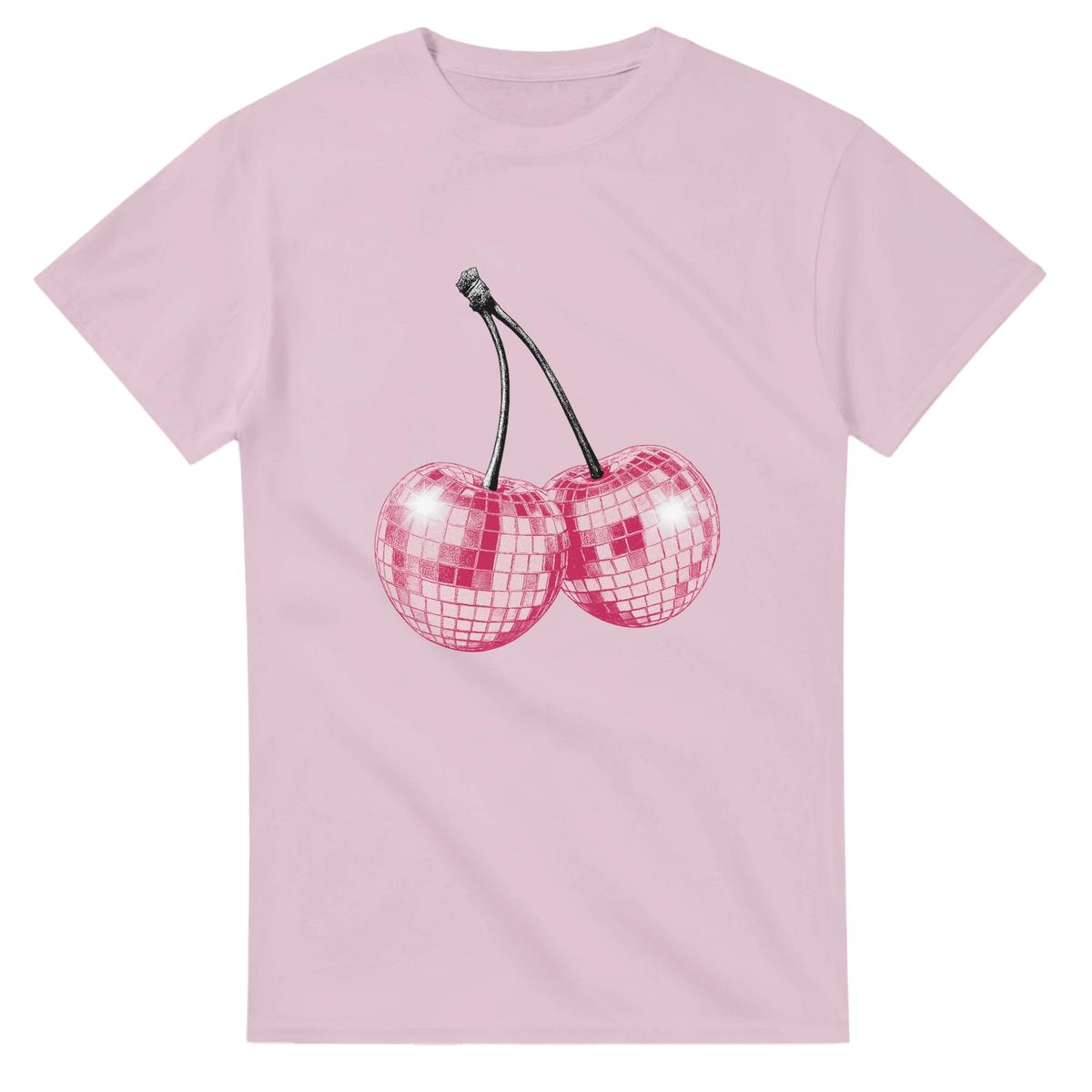 Glitter Ball Cherries women's graphic tee with pink disco-ball cherries on soft cotton blend fabric.