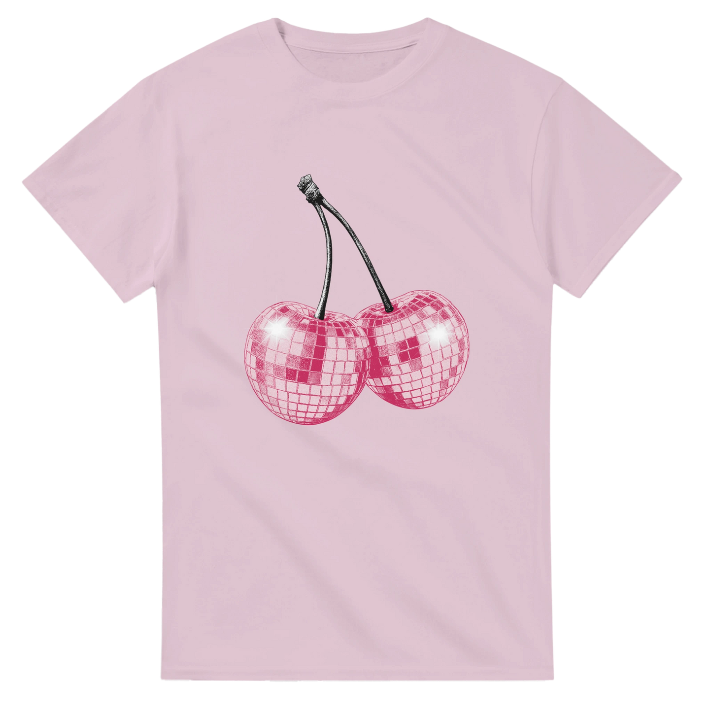 Glitter Ball Cherries women's graphic tee with pink disco-ball cherries on soft cotton blend fabric.