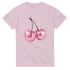 Glitter Ball Cherries women's graphic tee with pink disco-ball cherries on soft cotton blend fabric.