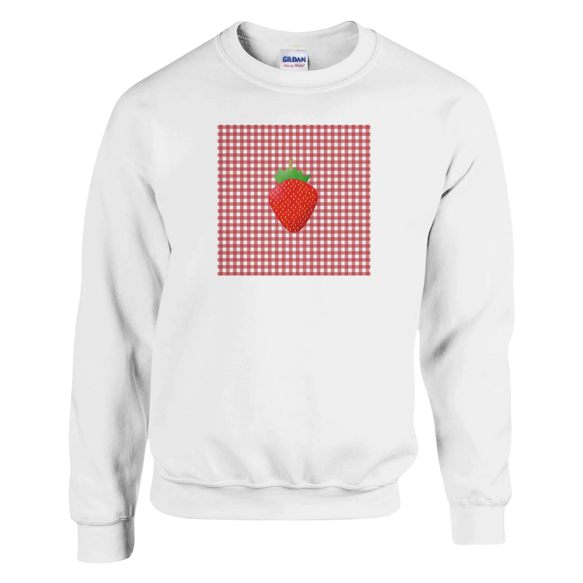 White crewneck sweatshirt featuring a retro red gingham square graphic with a large central strawberry illustration.