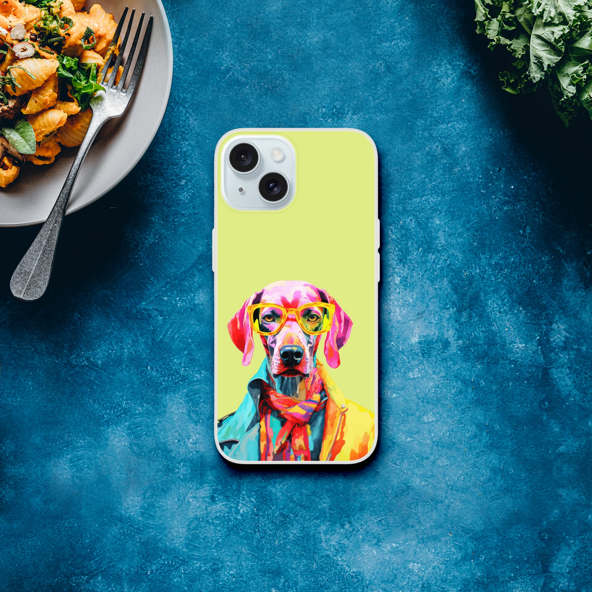 Funny Dog iPhone Case for iPhone 13-16 featuring colorful dog wearing sunglasses on a lime background.