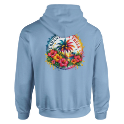 Light blue hoodie featuring a retro tropical back print with colorful hibiscus flowers, palm trees, and a sunlit ocean view.