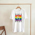 White women's Pride T-shirt, soft cotton blend, rainbow flag graphic and Peace & Pride lettering.
