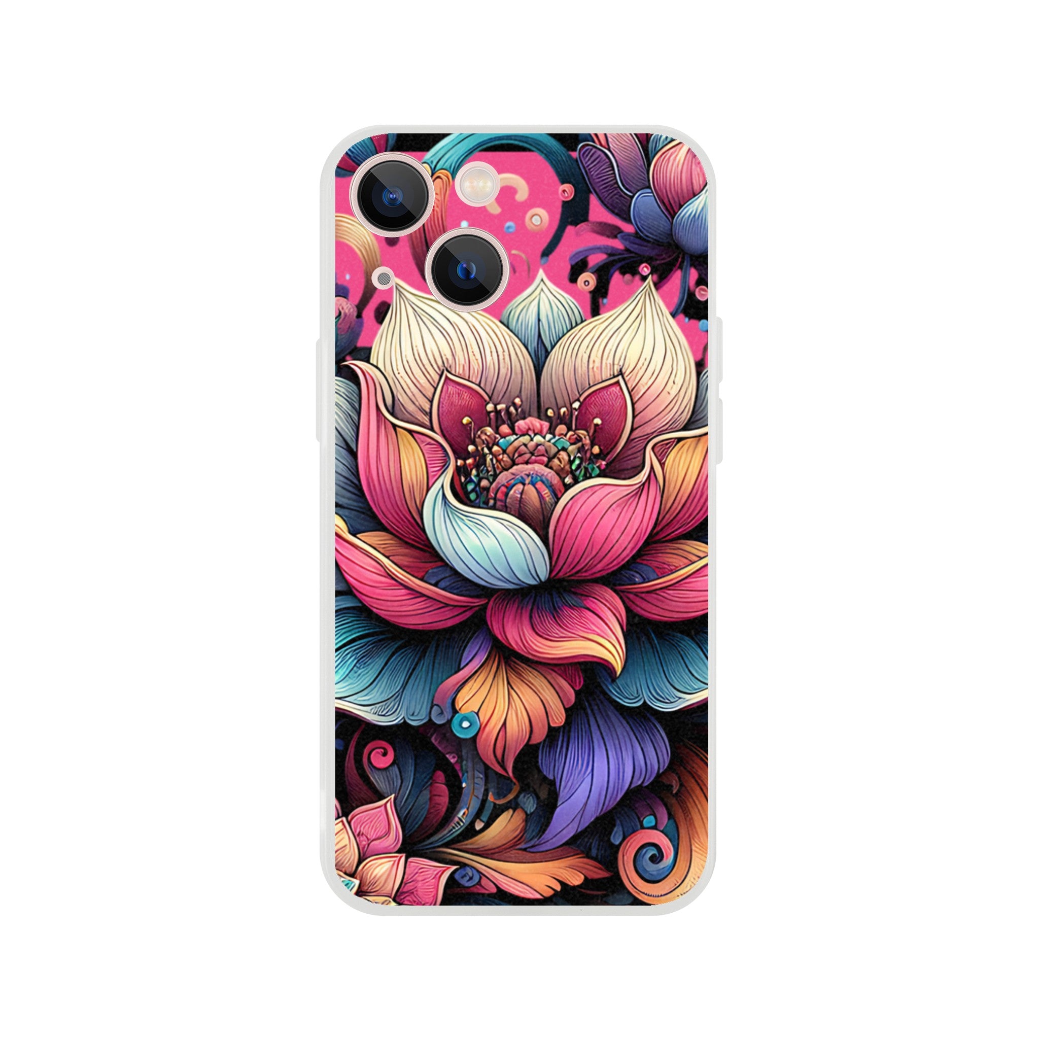 Mandala floral iPhone case with vibrant, intricate flower design; slim protective cover for iPhone 16/15/14/13.