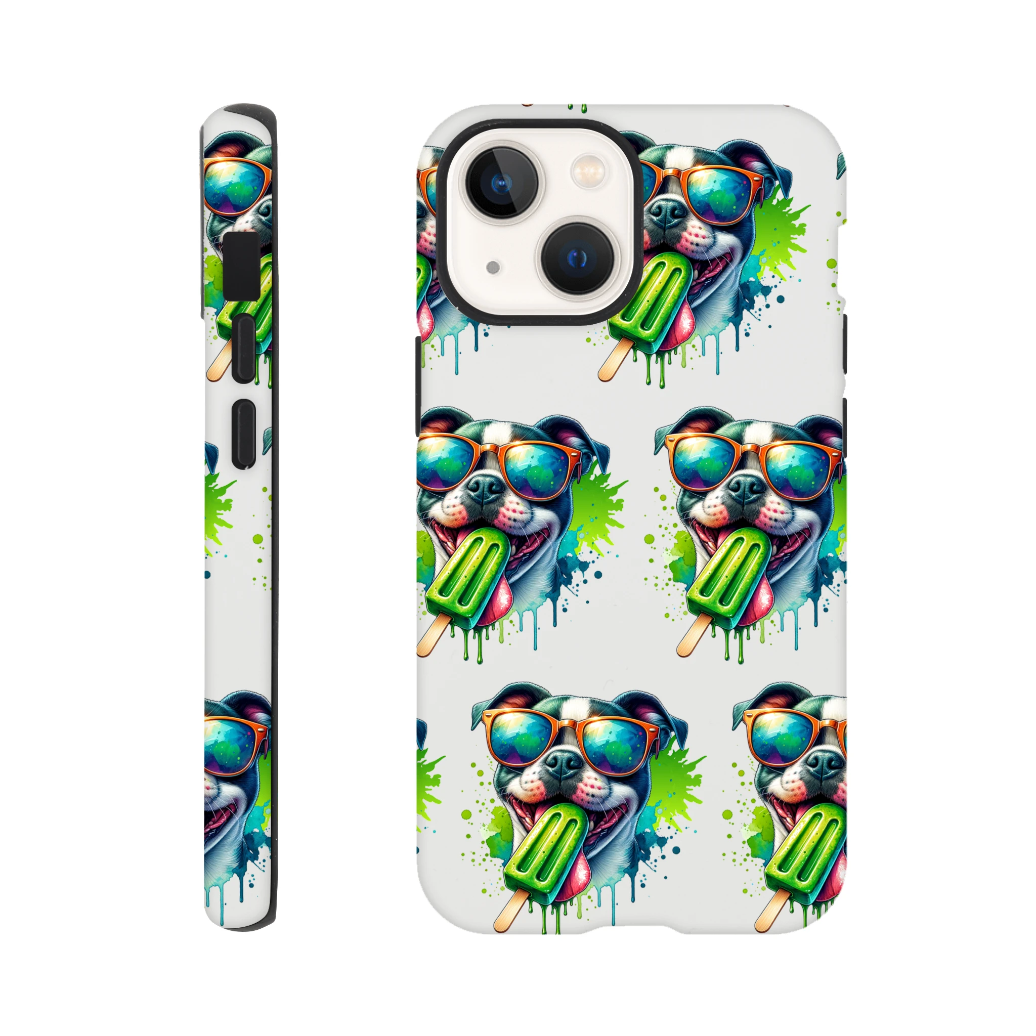 Chill Dog Tough Protective Case for iPhone 16/15/14/13 with wraparound dog-print sunglasses popsicle glossy finish