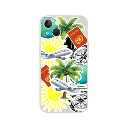 Transparent iPhone case featuring travel sticker collage with palm trees, passports, airplanes, and compasses for urban exploration.