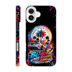 Built Not Bought iPhone case featuring a modified car, colorful Urban Palm Trees sunset, and vibrant paint splatter design.