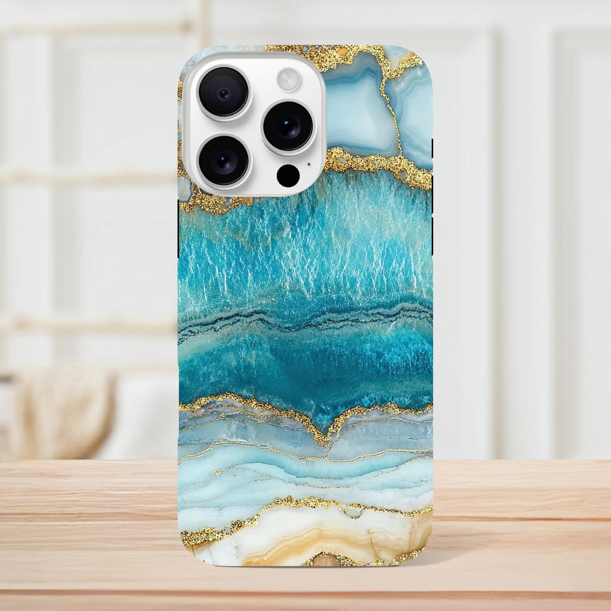 Blue agate tough iPhone case with teal and gold marble design, protective cover for iPhone 13 through 16 models.